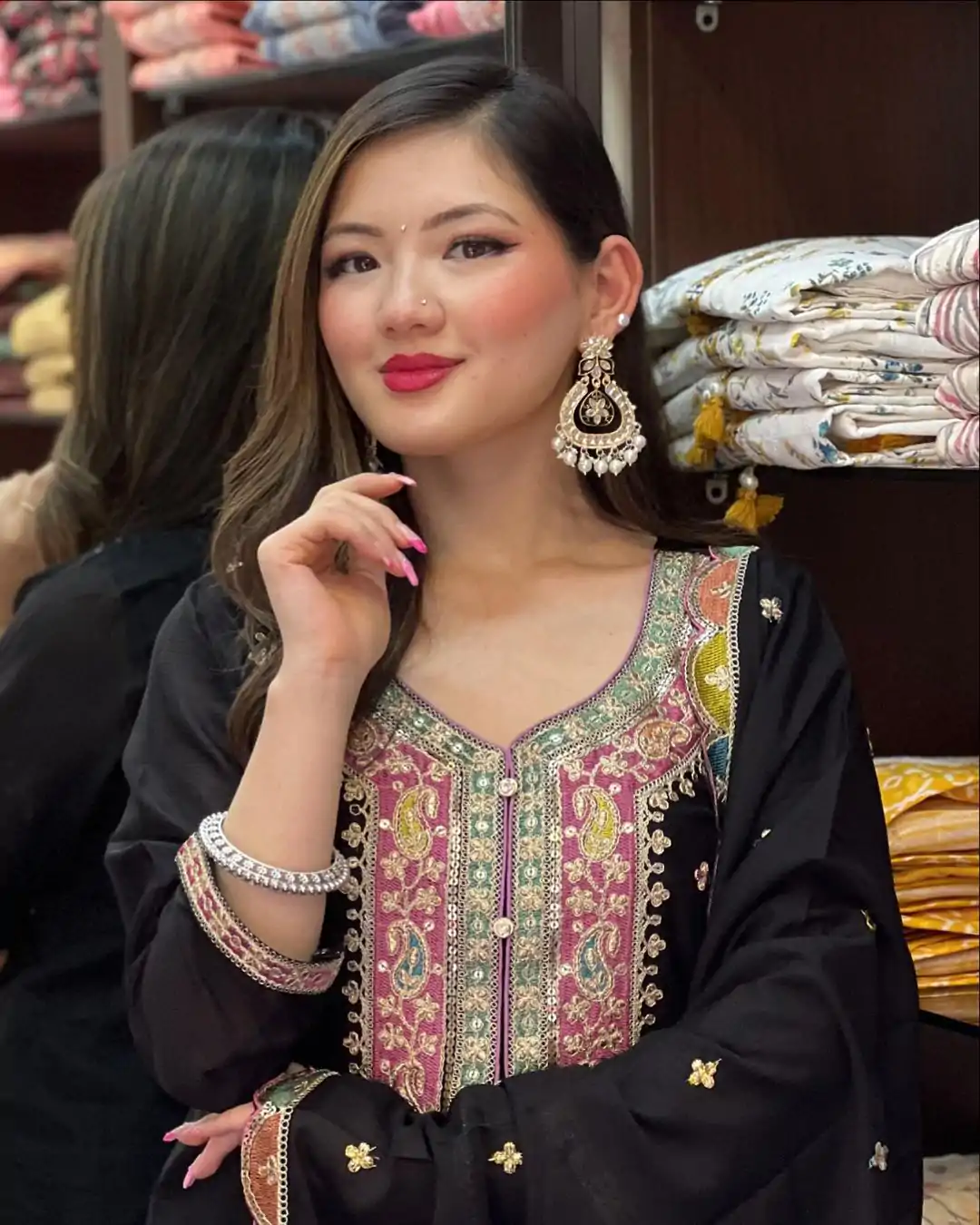 Cute Black Color Chinnon Silk Embroidery Sequence Salwar Suit