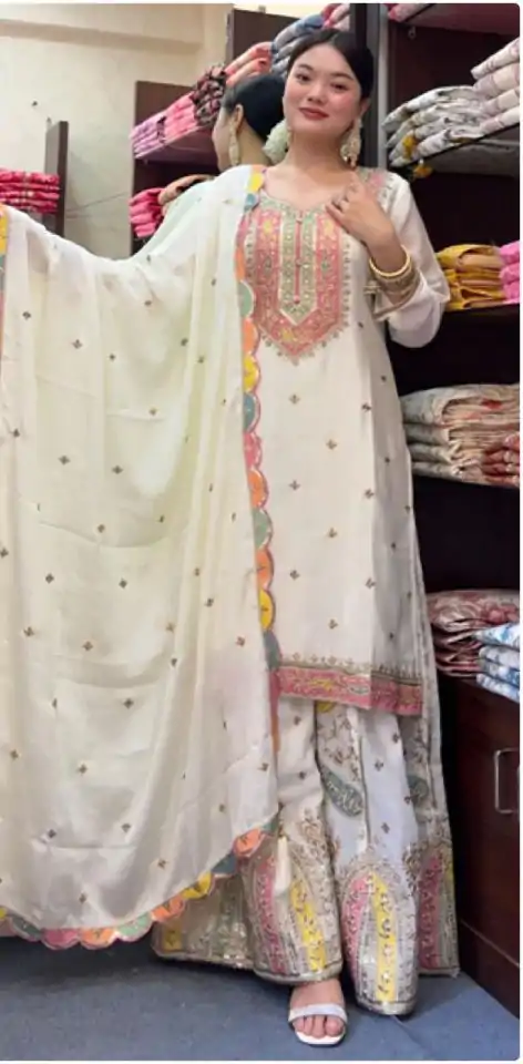 Cute White Color Chinnon Silk Embroidery Sequence Salwar Suit