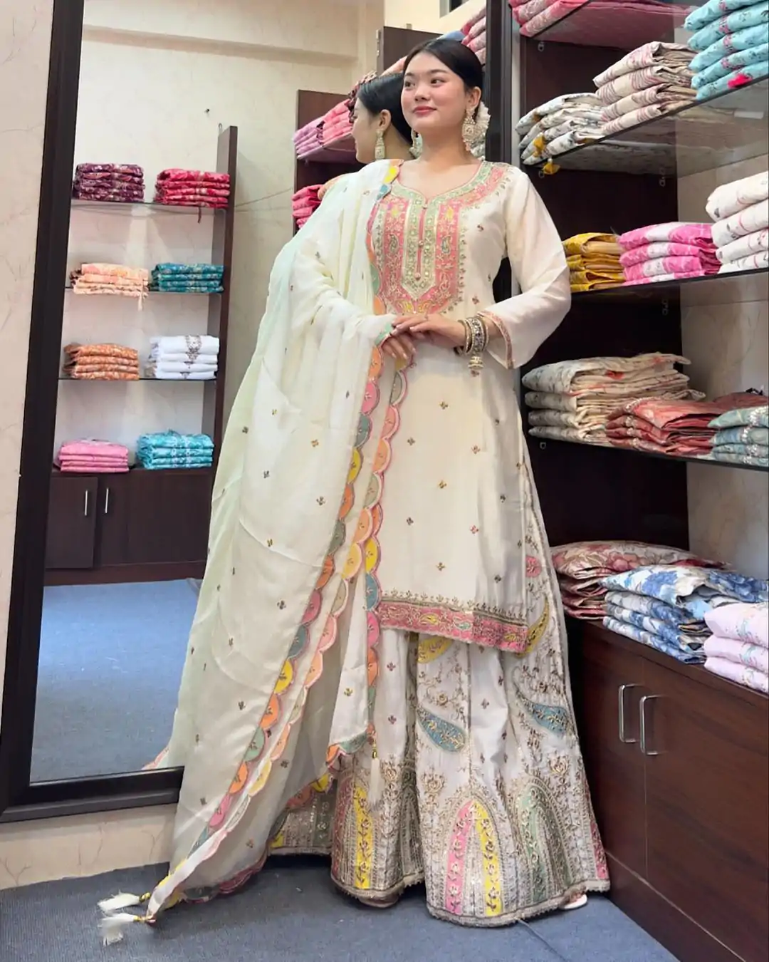 Cute White Color Chinnon Silk Embroidery Sequence Salwar Suit