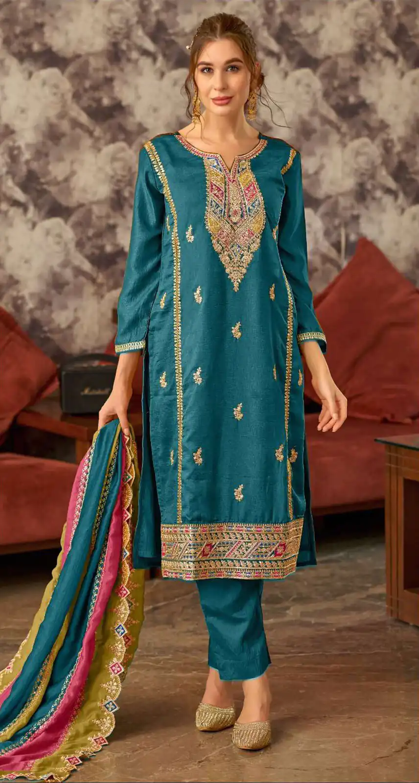 Fancy Blue Color Vichitra Embroidery Codding Sequence Salwar Suit