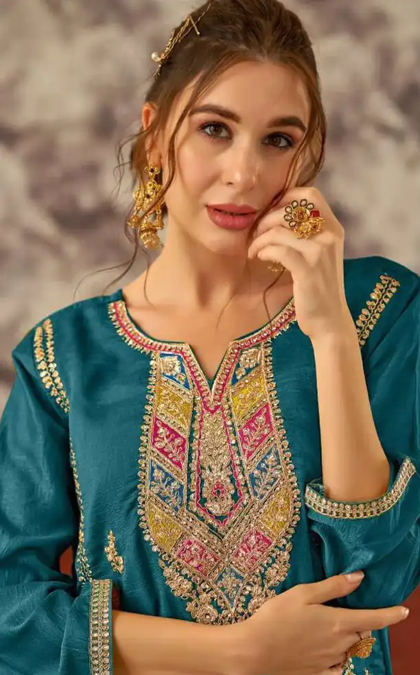 Fancy Blue Color Vichitra Embroidery Codding Sequence Salwar Suit