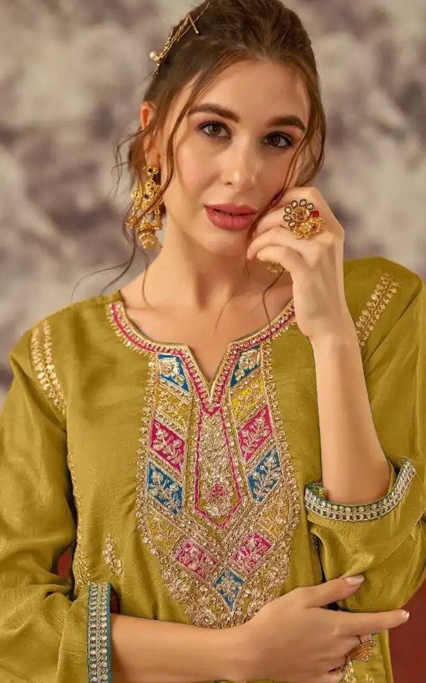 Fancy Mustard Vichitra Embroidery Codding Sequence Salwar Suit