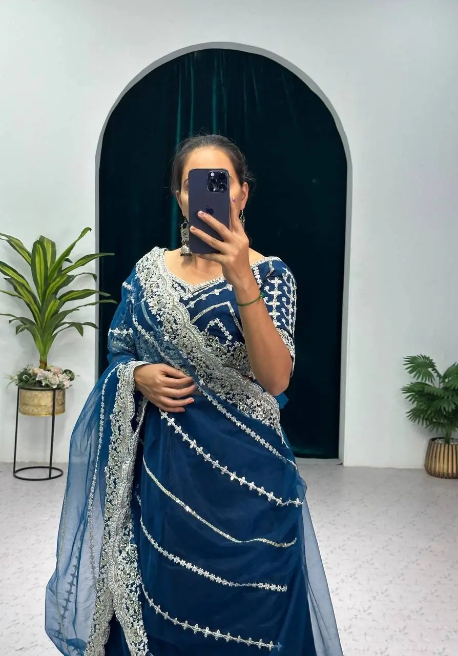 Fancy Royal Blue Color Blooming Vichitra Embroidery Lehenga Saree