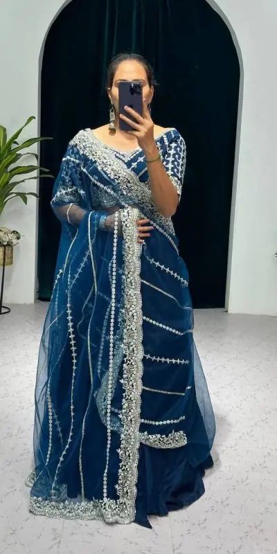 Fancy Royal Blue Color Blooming Vichitra Embroidery Lehenga Saree