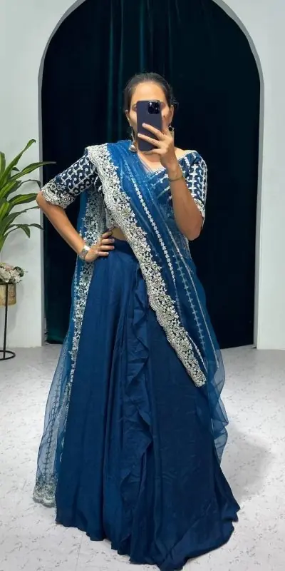 Fancy Royal Blue Color Blooming Vichitra Embroidery Lehenga Saree
