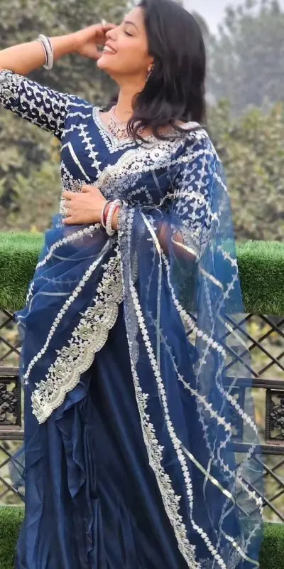 Fancy Royal Blue Color Blooming Vichitra Embroidery Lehenga Saree