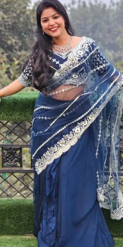 Fancy Royal Blue Color Blooming Vichitra Embroidery Lehenga Saree
