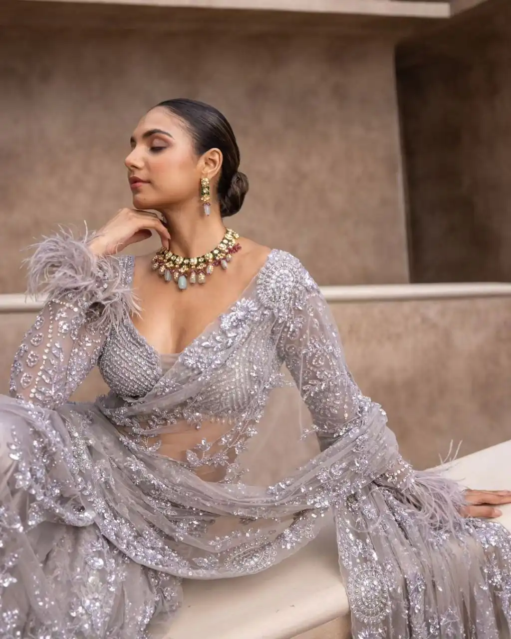 Fancy Silver Color Nylon Butterfly Net Malty & Sequence Saree