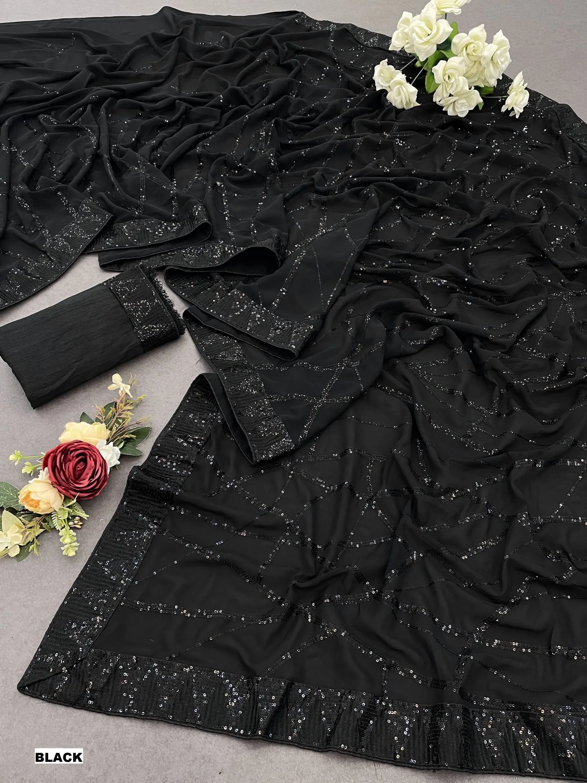 DF 3397 Black Color Georgette Sequins Embroidery Work Saree Casual, Party Wear, Wedding, Events Etc Delivery Expected.4-6 Working Days 1799/- | Sarees, Bollywood Sarees, Creative Sarees, Designer Sarees, Embroidered Sarees, Ethnic Saree, Modern Digital sarees, Party Wear Sarees