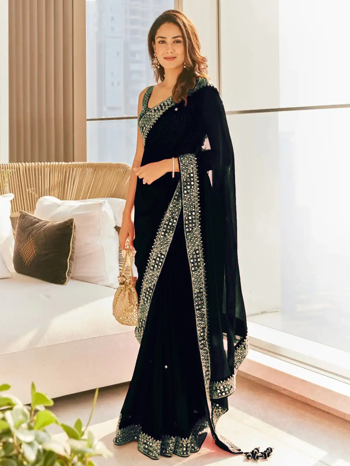 Grand Black Color Georgette Dori Thread Sequence Work Saree