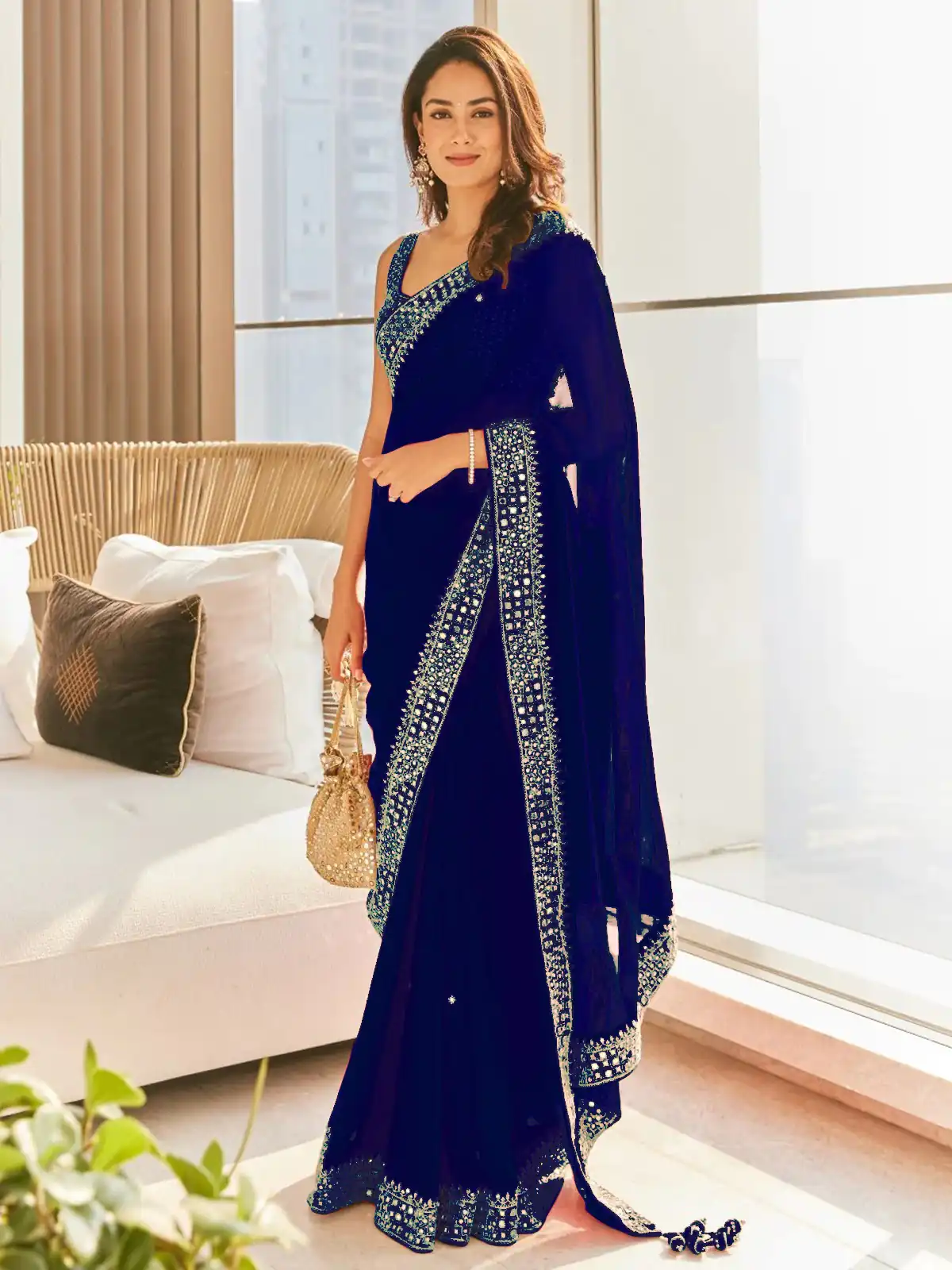 Grand Blue Color Georgette Dori Thread Sequence Work Saree