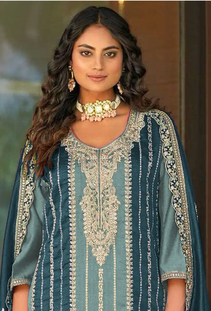 Grand Blue Color Vichitra Embroidery Codding Sequence Salwar Suit