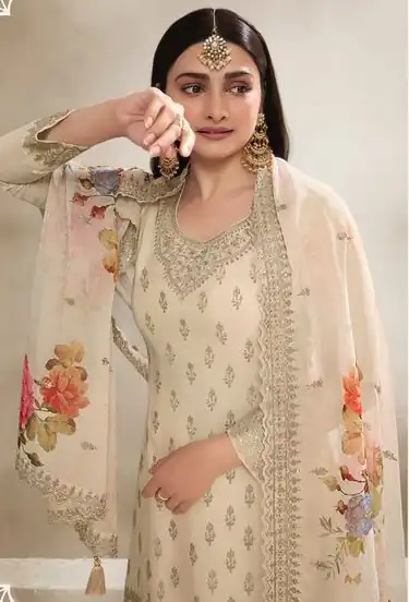 Grand Cream Color Viscose Chinon Embroidered Sequence Salwar Suit