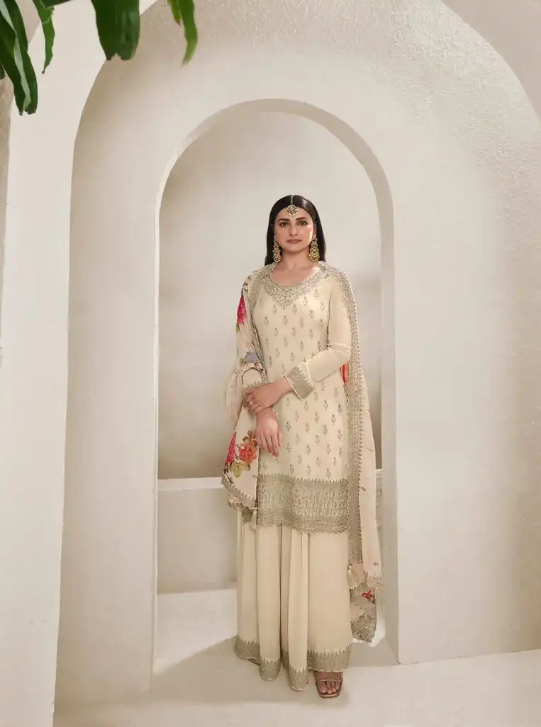Grand Cream Color Viscose Chinon Embroidered Sequence Salwar Suit