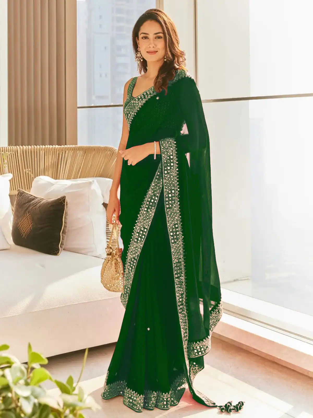Grand Green Color Georgette Dori Thread Sequence Work Saree