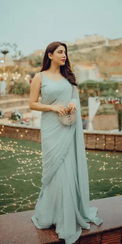 Grand Light Blue Color Georgette Sirvoski Support Lace Saree