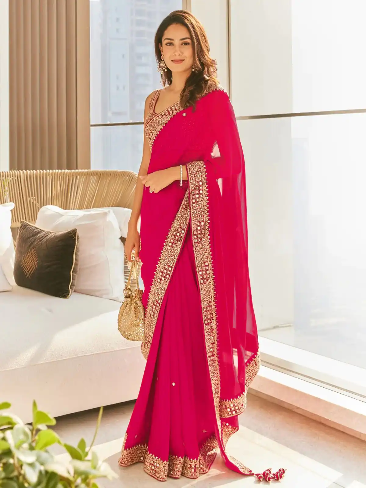 Grand Pink Color Georgette Dori Thread Sequence Work Saree