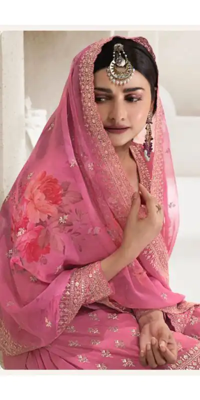 Grand Pink Viscose Chinon Embroidered Sequence Salwar Suit