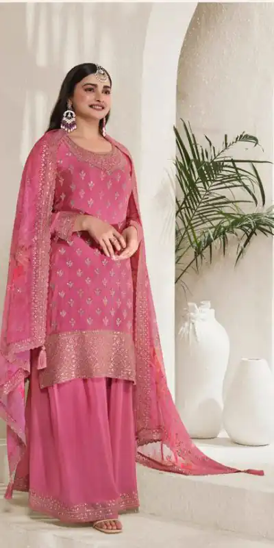 Grand Pink Viscose Chinon Embroidered Sequence Salwar Suit