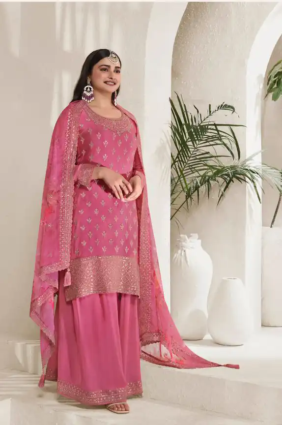 Grand Pink Viscose Chinon Embroidered Sequence Salwar Suit