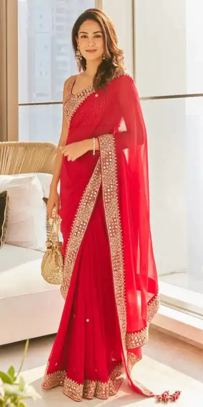 Grand Red Color Georgette Dori Thread Sequence Work Saree