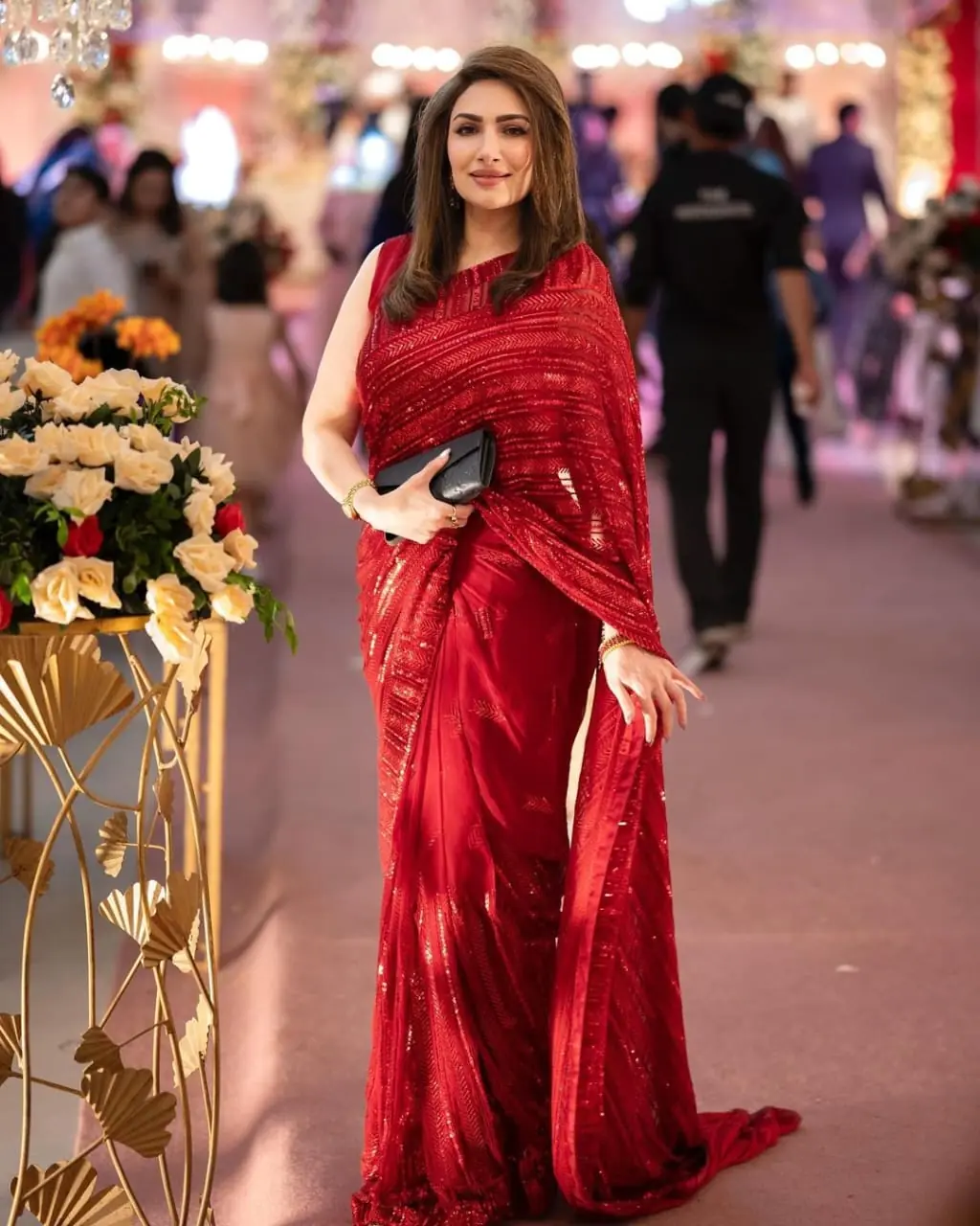 Grand Red Color Georgette Sequins Embroidery Work Saree