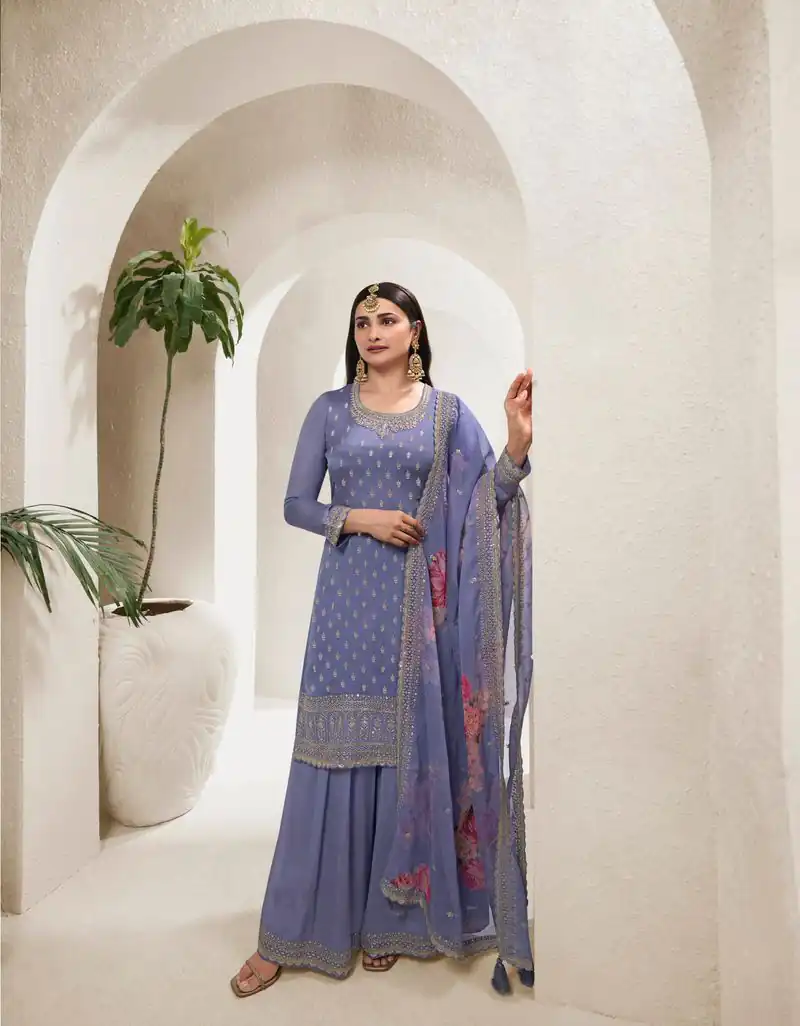 Grand Violet Viscose Chinon Embroidered Sequence Salwar Suit