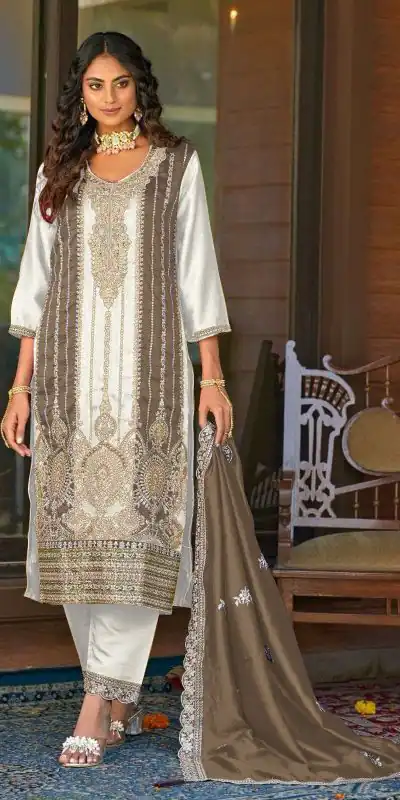 Grand White Color Vichitra Embroidery Codding Sequence Salwar Suit