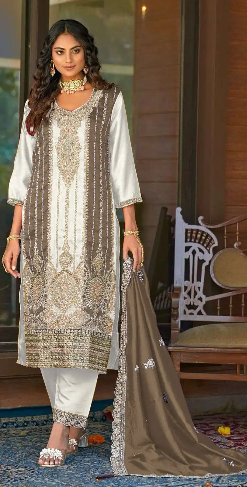 Grand White Color Vichitra Embroidery Codding Sequence Salwar Suit