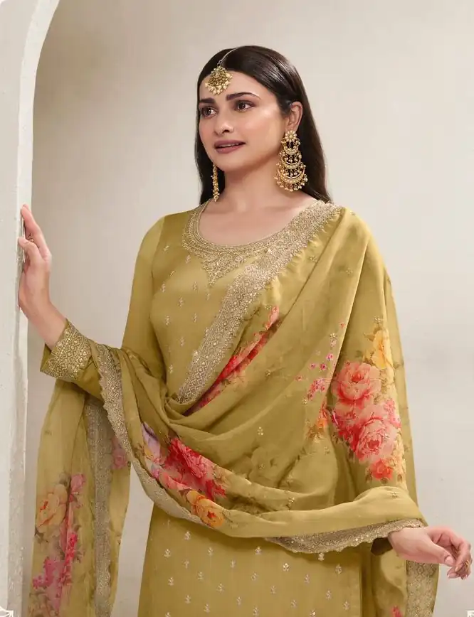 Grand Yellow Viscose Chinon Embroidered Sequence Salwar Suit