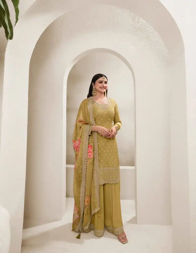 Grand Yellow Viscose Chinon Embroidered Sequence Salwar Suit