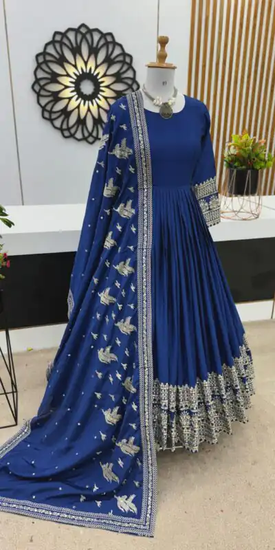 ZSR 3069 Royal Blue Color Chinon Silk Embroidery Sequence Gown Casual, Wedding, Party, Festive, Events Etc. Expected Delivery 4-6 Working Days 2049/- | Gowns, Bollywood Gowns, Creative Gowns, Designer Gowns, Embroidered Gowns, Party Wear Gowns