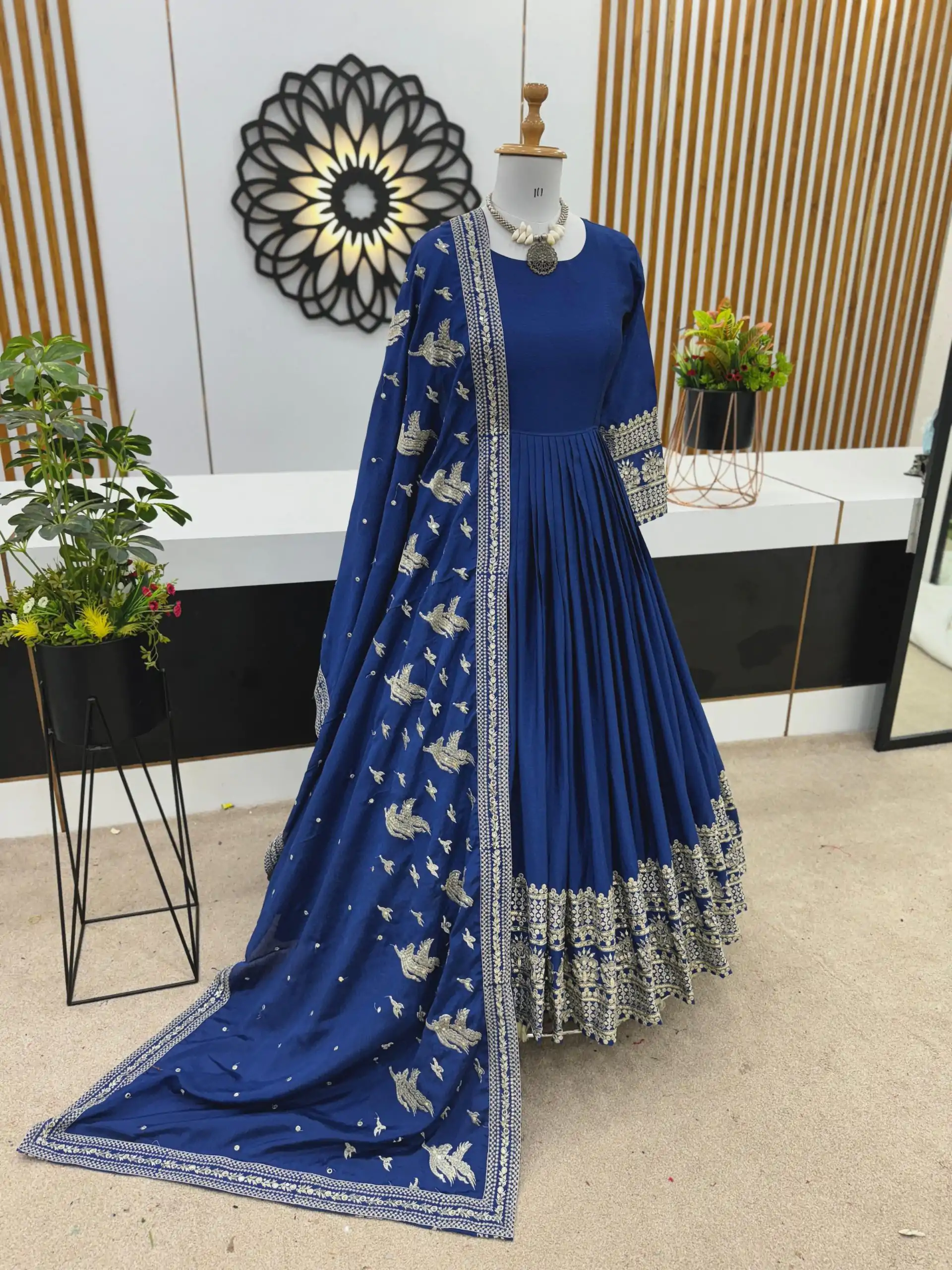 ZSR 3069 Royal Blue Color Chinon Silk Embroidery Sequence Gown Casual, Wedding, Party, Festive, Events Etc. Expected Delivery 4-6 Working Days 2049/- | Gowns, Bollywood Gowns, Creative Gowns, Designer Gowns, Embroidered Gowns, Party Wear Gowns
