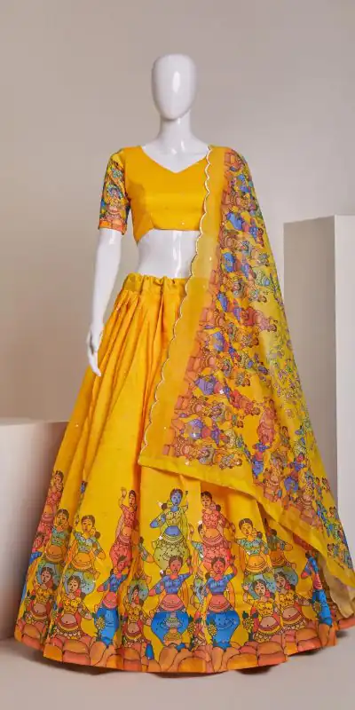 Nice Yellow Silk Embroidery Sequins Amazing Print Lehenga Choli