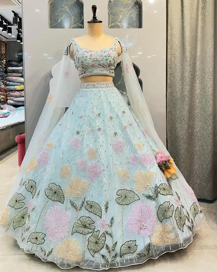 Special Light Blue Color Organza Silk Embroidered Lehenga Choli