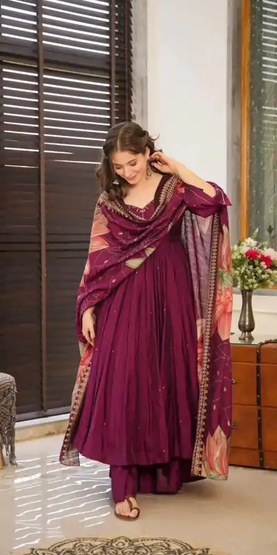 Superb Purple Color Chinnon Silk Embroidery Salwar Suit