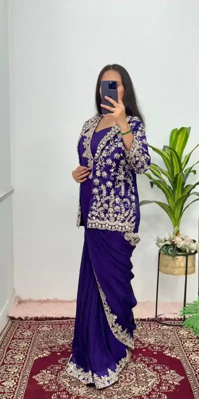 Pretty Royal Blue Color Chinon Embroidery Work Koti And Saree