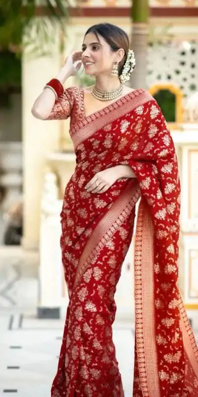 KP 5079 Red Color Soft Lichi Silk Jacquard On All Over Saree Casual, Party Wear, Wedding, Events Etc. Expected Delivery 4-6 Working Days @1449/- | Sarees, Bollywood Sarees, Creative Sarees, Designer Sarees, Embroidered Sarees, Ethnic Saree, Modern Digital sarees, Party Wear Sarees