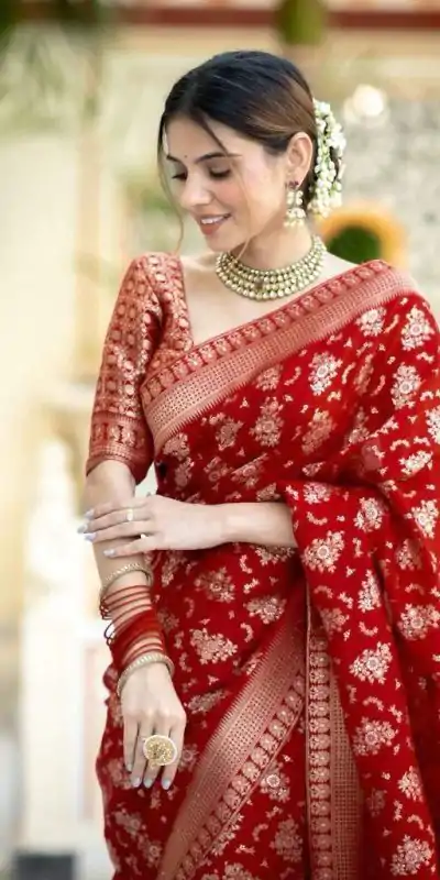 KP 5079 Red Color Soft Lichi Silk Jacquard On All Over Saree Casual, Party Wear, Wedding, Events Etc. Expected Delivery 4-6 Working Days @1449/- | Sarees, Bollywood Sarees, Creative Sarees, Designer Sarees, Embroidered Sarees, Ethnic Saree, Modern Digital sarees, Party Wear Sarees