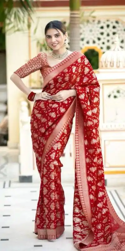 KP 5079 Red Color Soft Lichi Silk Jacquard On All Over Saree Casual, Party Wear, Wedding, Events Etc. Expected Delivery 4-6 Working Days @1449/- | Sarees, Bollywood Sarees, Creative Sarees, Designer Sarees, Embroidered Sarees, Ethnic Saree, Modern Digital sarees, Party Wear Sarees