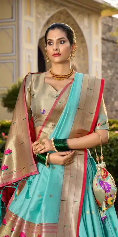 Artful Sky Blue Color Jacquard Silk Weaving Zari Lehenga Choli