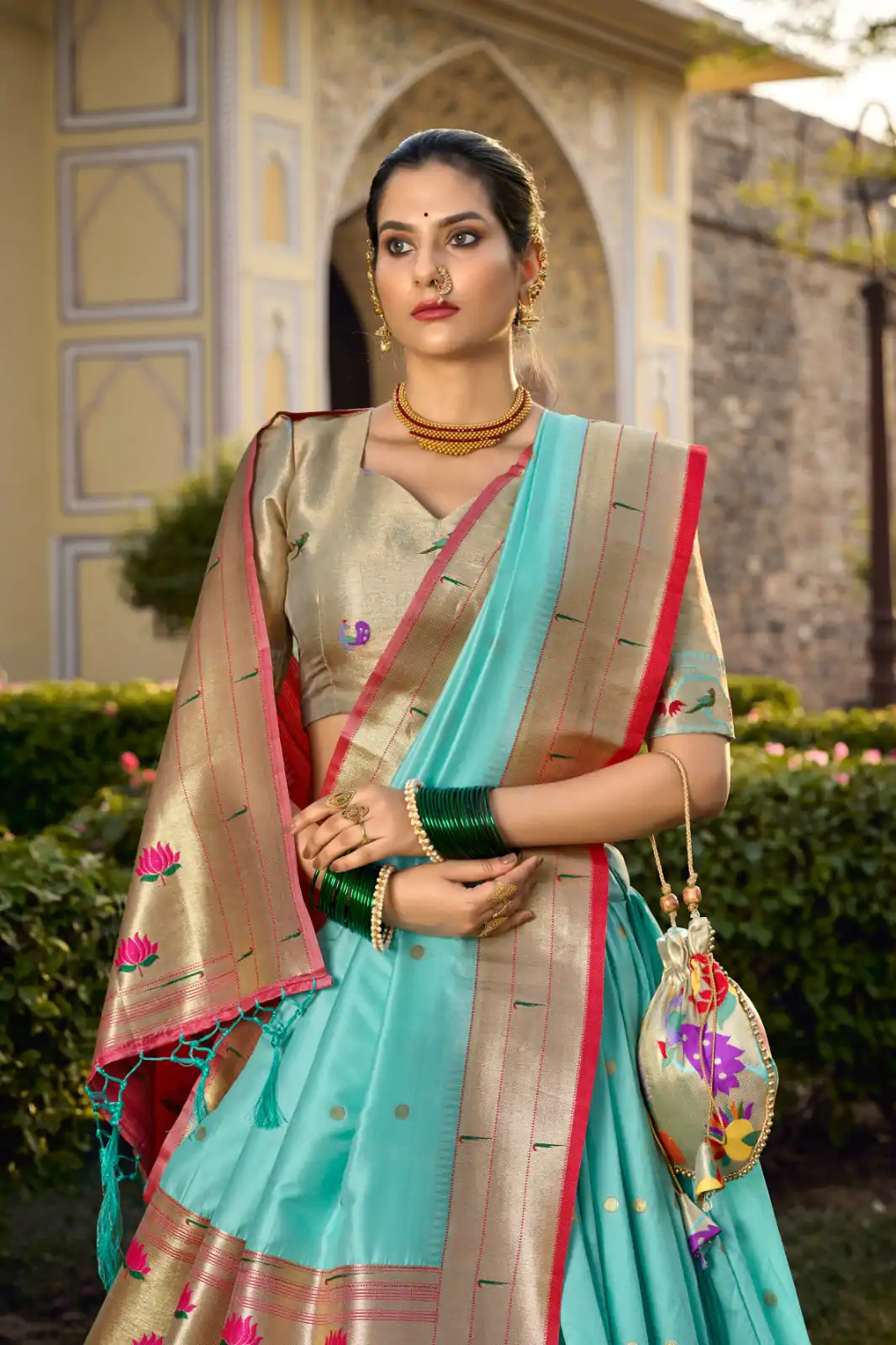 Artful Sky Blue Color Jacquard Silk Weaving Zari Lehenga Choli