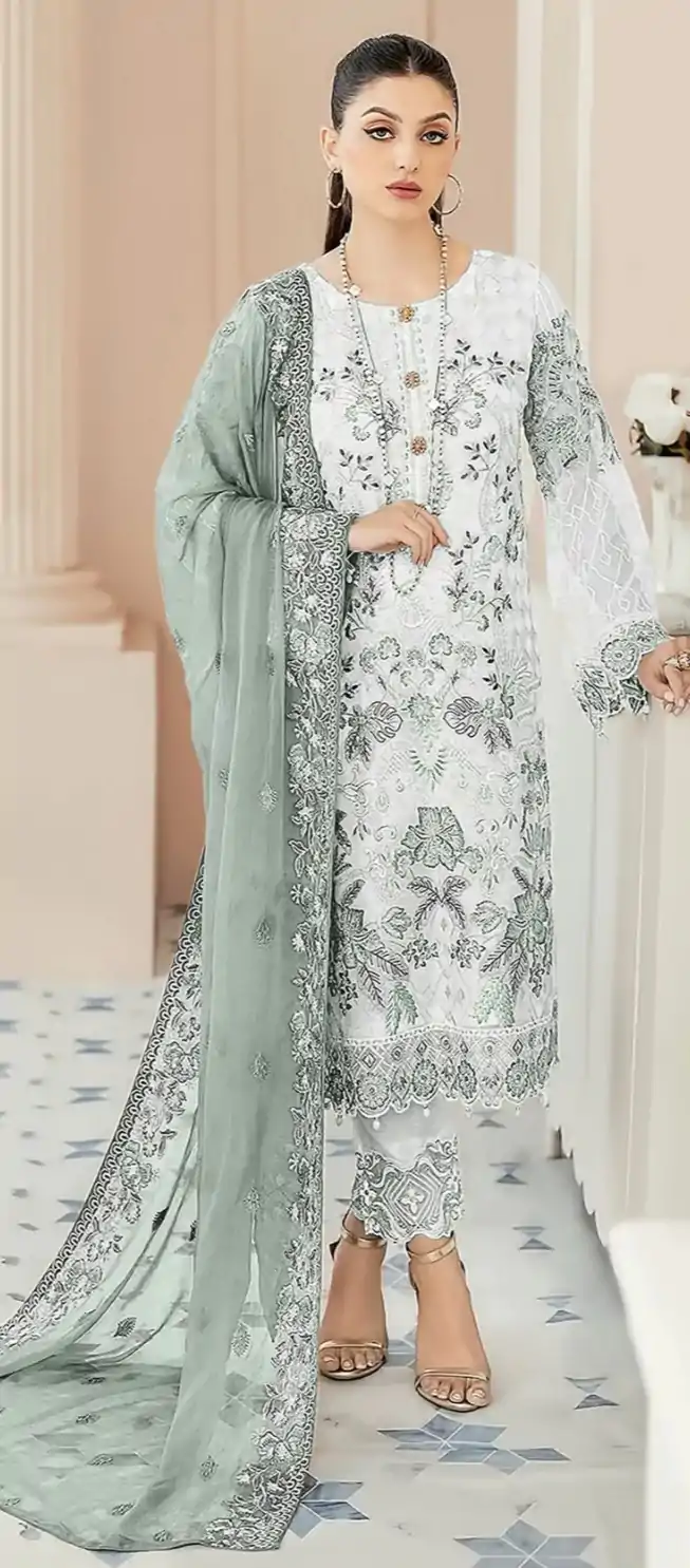 Classic White & Blue Color Georgette Embroidery Salwar Suit