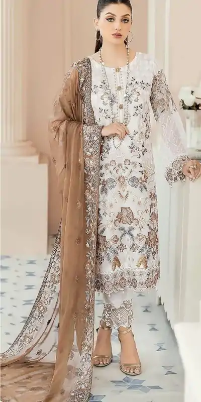 Classic White & Coffee Color Georgette Embroidery Salwar Suit
