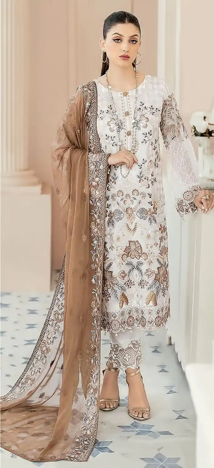 Classic White & Coffee Color Georgette Embroidery Salwar Suit