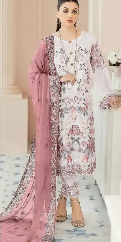 Classic White & Peach Color Georgette Embroidery Salwar Suit