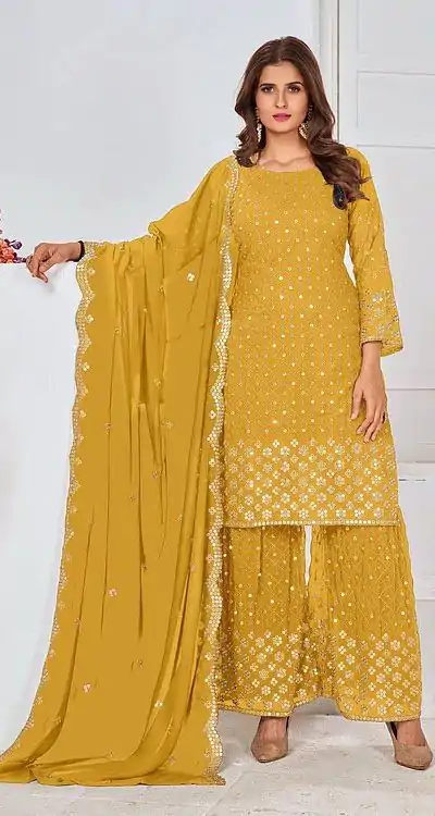 Cute Yellow Color Georgette Embroidery Stone Sharara Suit
