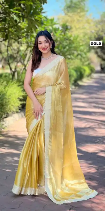 Fancy Golden Color Burberry Silk Diamond Sequins Saree