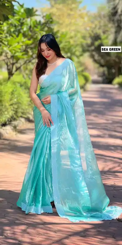 Fancy Sea Green Color Burberry Silk Diamond Sequins Saree
