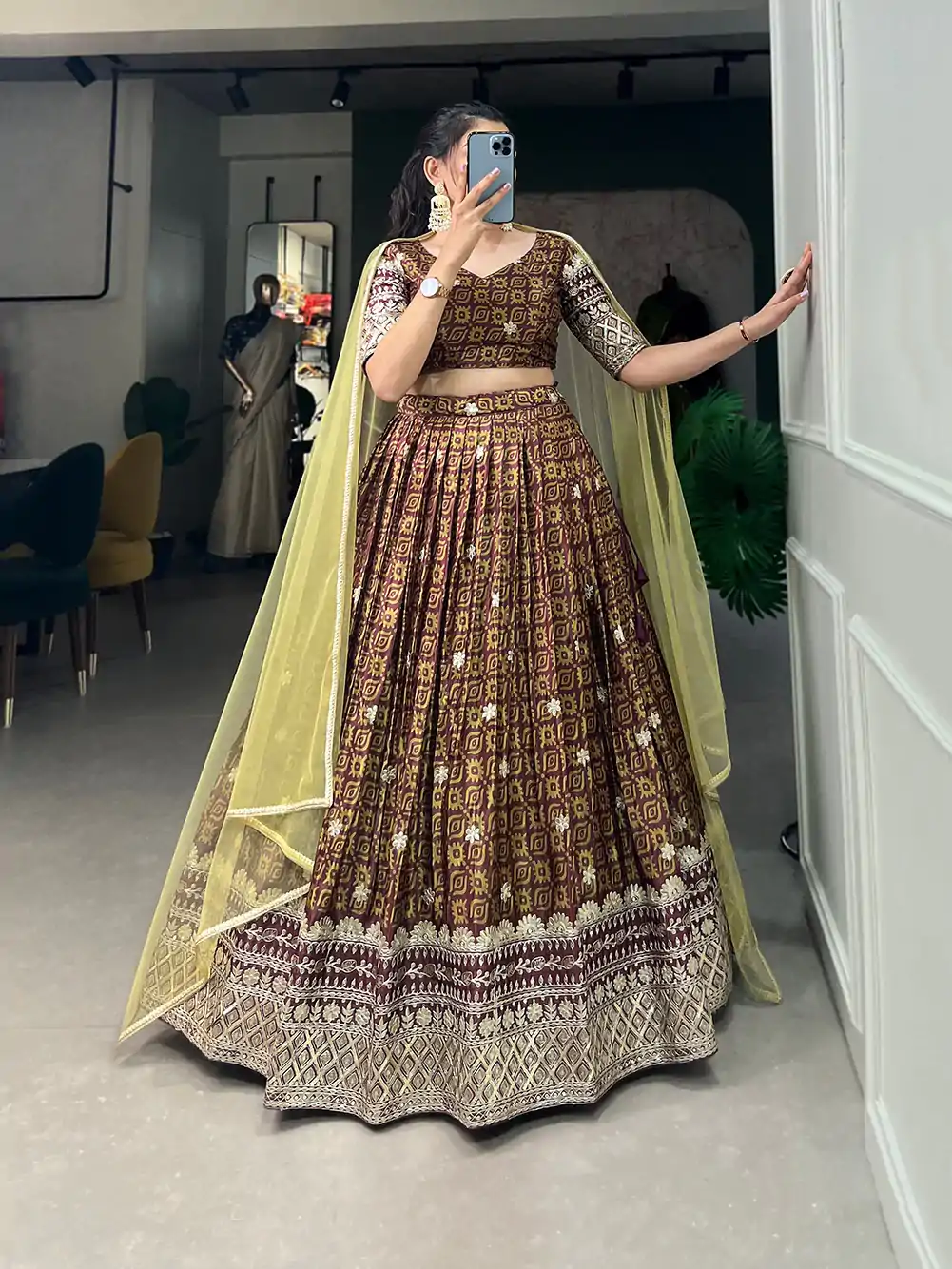 Grand Burgundy Color Chinon Digital Printed Embroidery Lehenga Choli